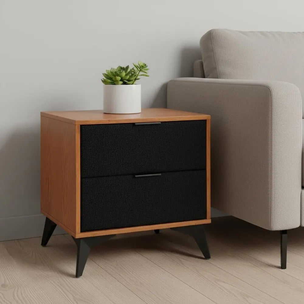 21" Walnut Wood and Steel Two Drawer Nightstand - NOBLE HOME INTERIORS