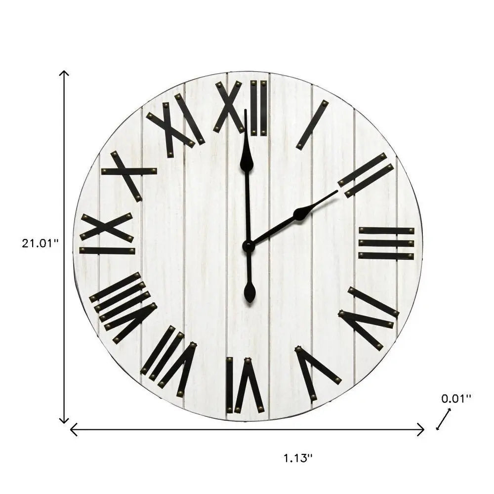 21" White And Black Rustic Wood Silent Analog Round Wall Clock - NOVA HOME FURNITURE