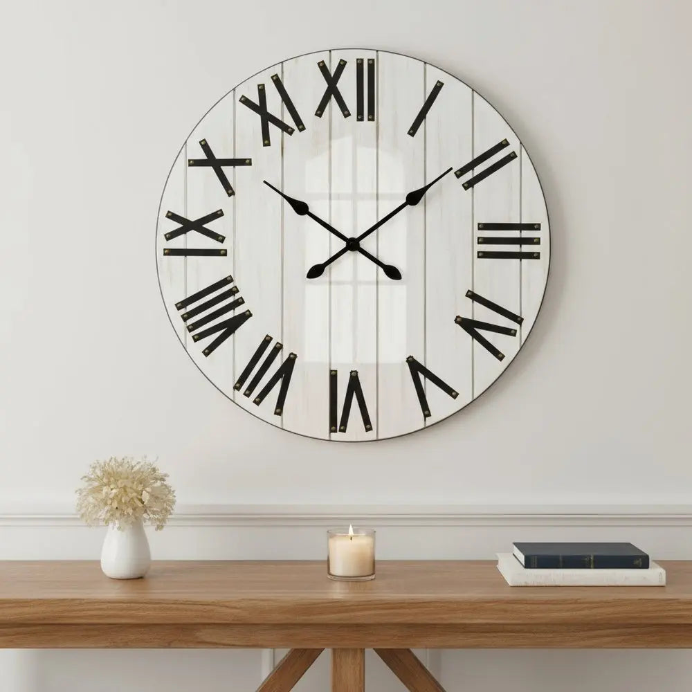 21" White And Black Rustic Wood Silent Analog Round Wall Clock - NOVA HOME FURNITURE