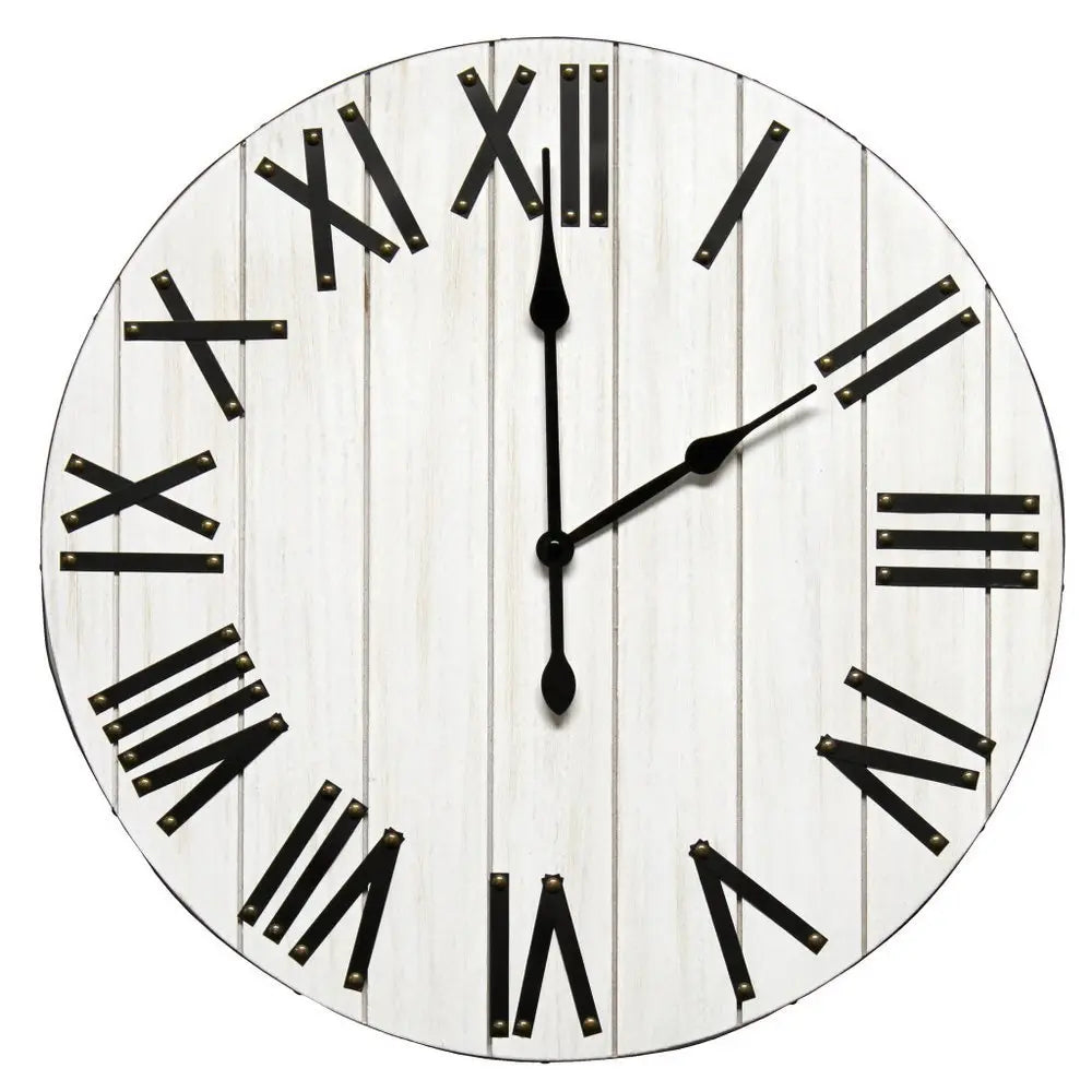 21" White And Black Rustic Wood Silent Analog Round Wall Clock - NOVA HOME FURNITURE