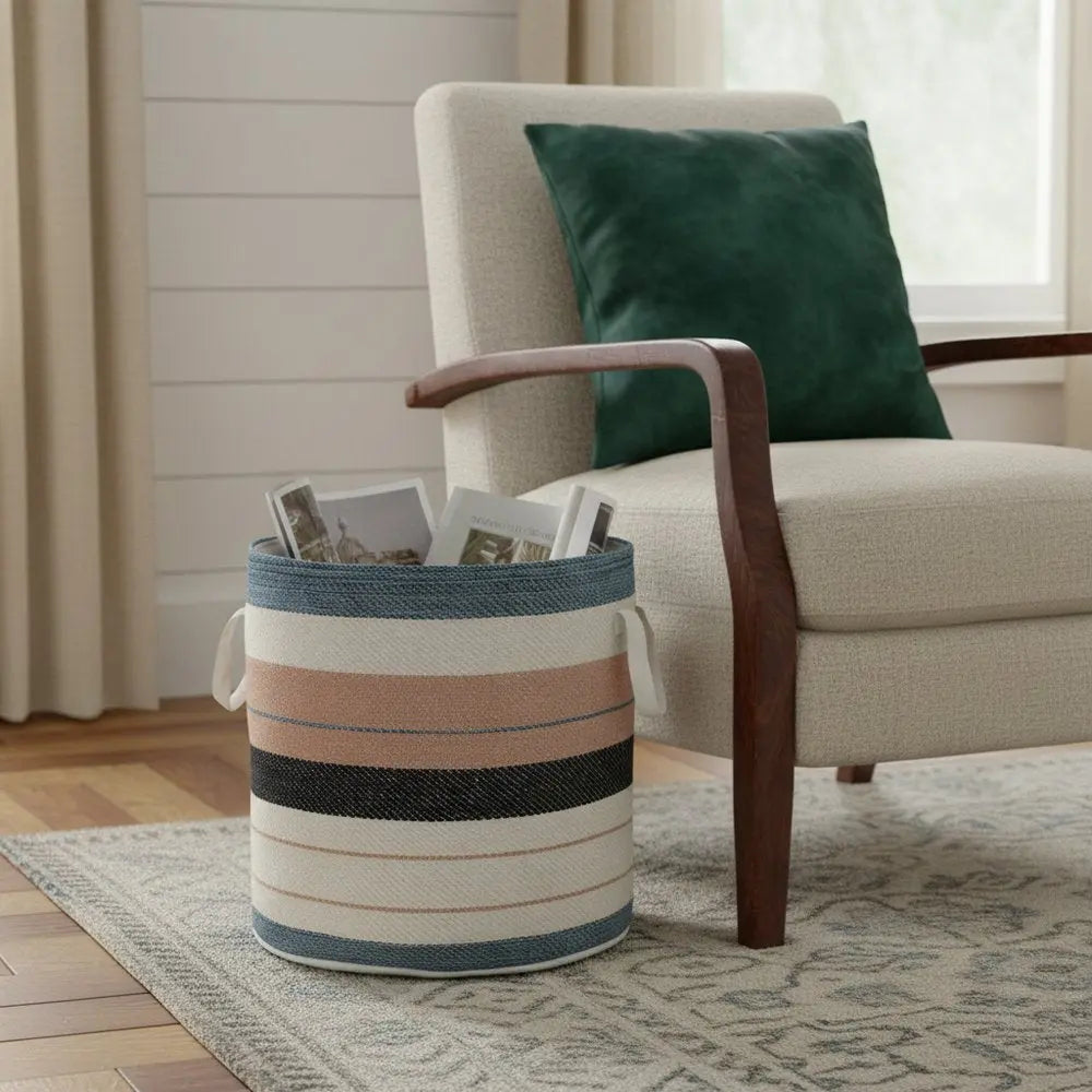 21" White Fabric Basket - NOBLE HOME INTERIORS