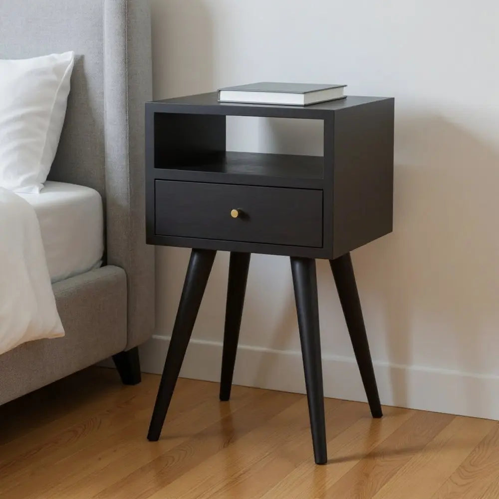 22" Black Solid Wood Square One Drawer Nightstand - NOBLE HOME INTERIORS