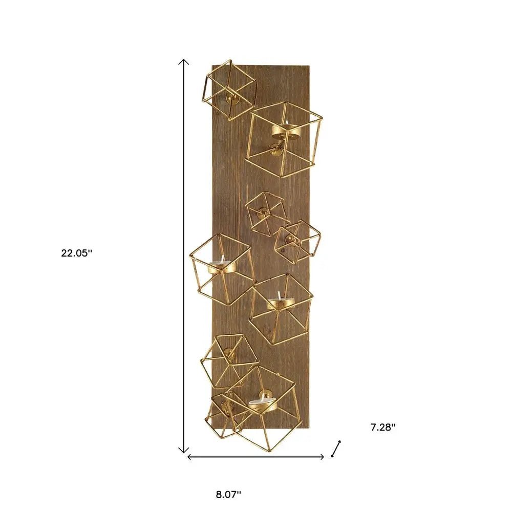 22" Brass Distressed Geometric Brass And Solid Wood Wall Sconce Candle Holder HomeRoots