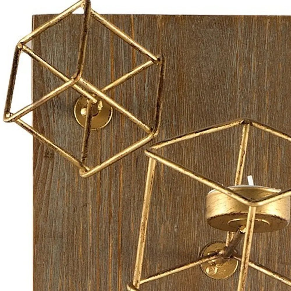 22" Brass Distressed Geometric Brass And Solid Wood Wall Sconce Candle Holder HomeRoots