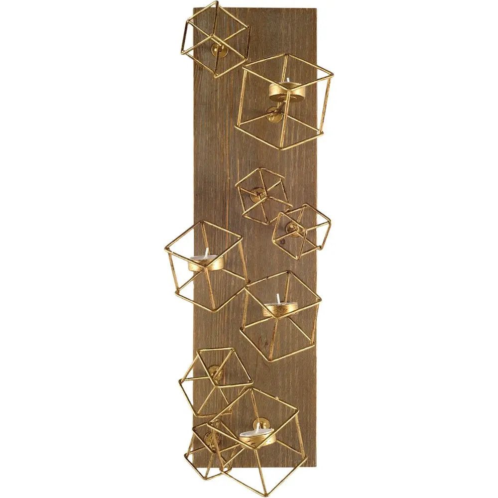 22" Brass Distressed Geometric Brass And Solid Wood Wall Sconce Candle Holder HomeRoots
