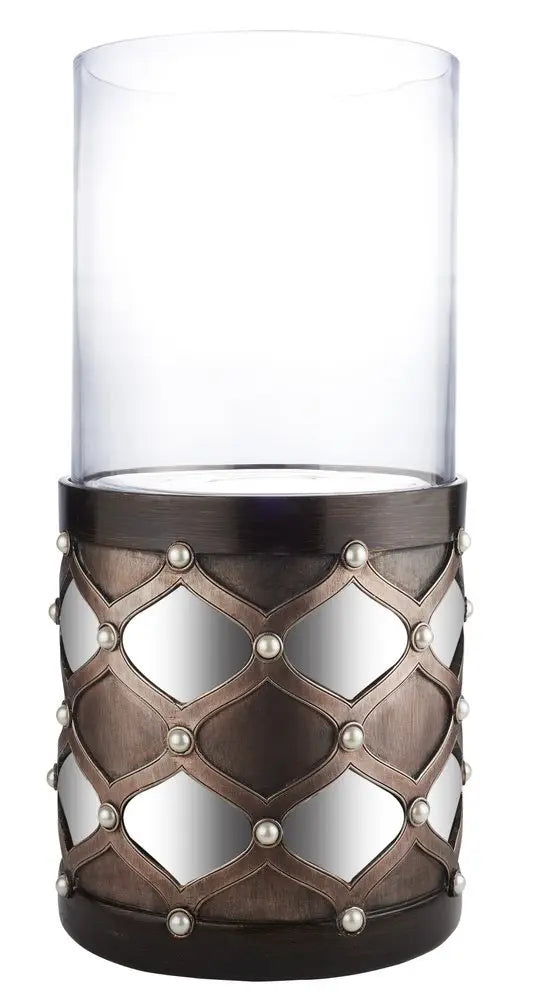 22" Bronze and Silver with Pearls Tabletop Hurricane Candle Holder - NOBLE HOME INTERIORS