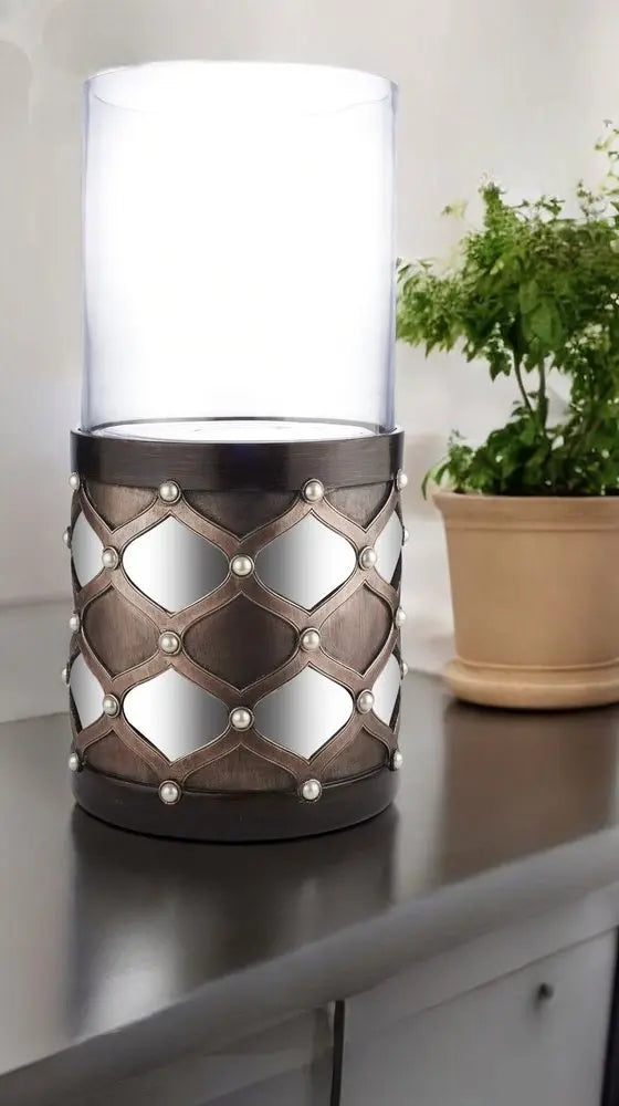 22" Bronze and Silver with Pearls Tabletop Hurricane Candle Holder - NOBLE HOME INTERIORS