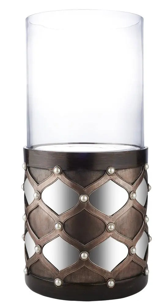 22" Bronze and Silver with Pearls Tabletop Hurricane Candle Holder - NOBLE HOME INTERIORS