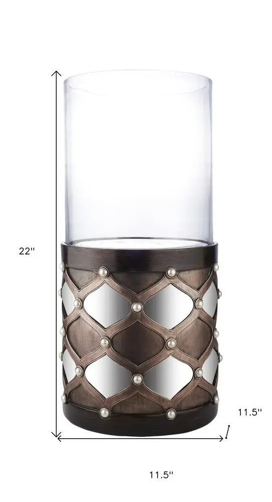 22" Bronze and Silver with Pearls Tabletop Hurricane Candle Holder - NOBLE HOME INTERIORS