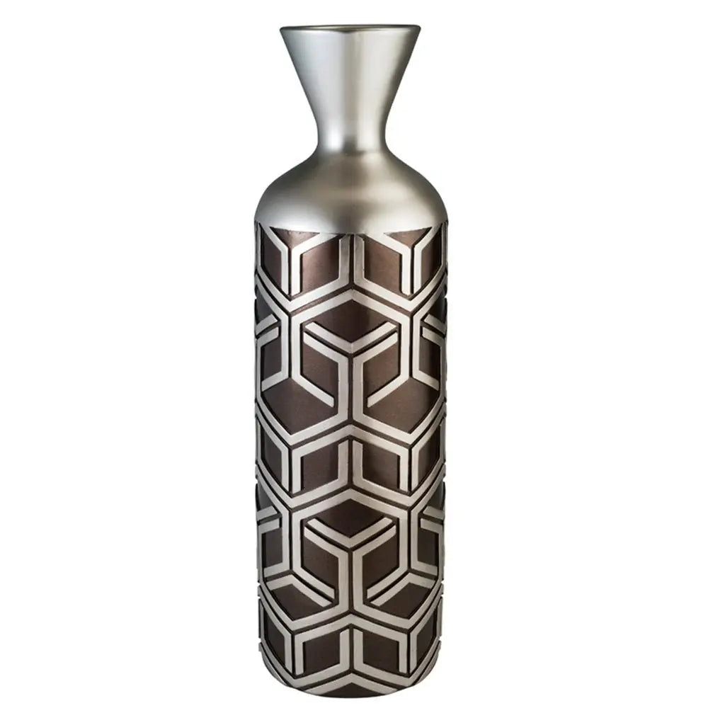 22" Brown and Silver Geometric Cylinder Polyresin Floor Vase - NOBLE HOME INTERIORS