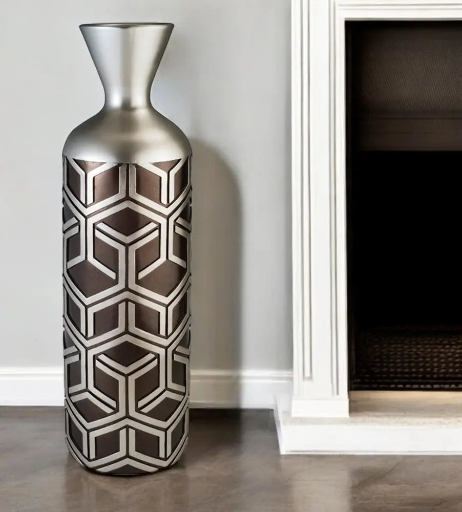 22" Brown and Silver Geometric Cylinder Polyresin Floor Vase - NOBLE HOME INTERIORS