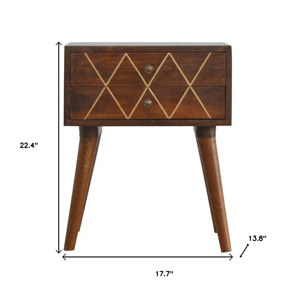 22" Chestnut Solid Wood Geometric Brass Inlay Two Drawer Nightstand - NOBLE HOME INTERIORS