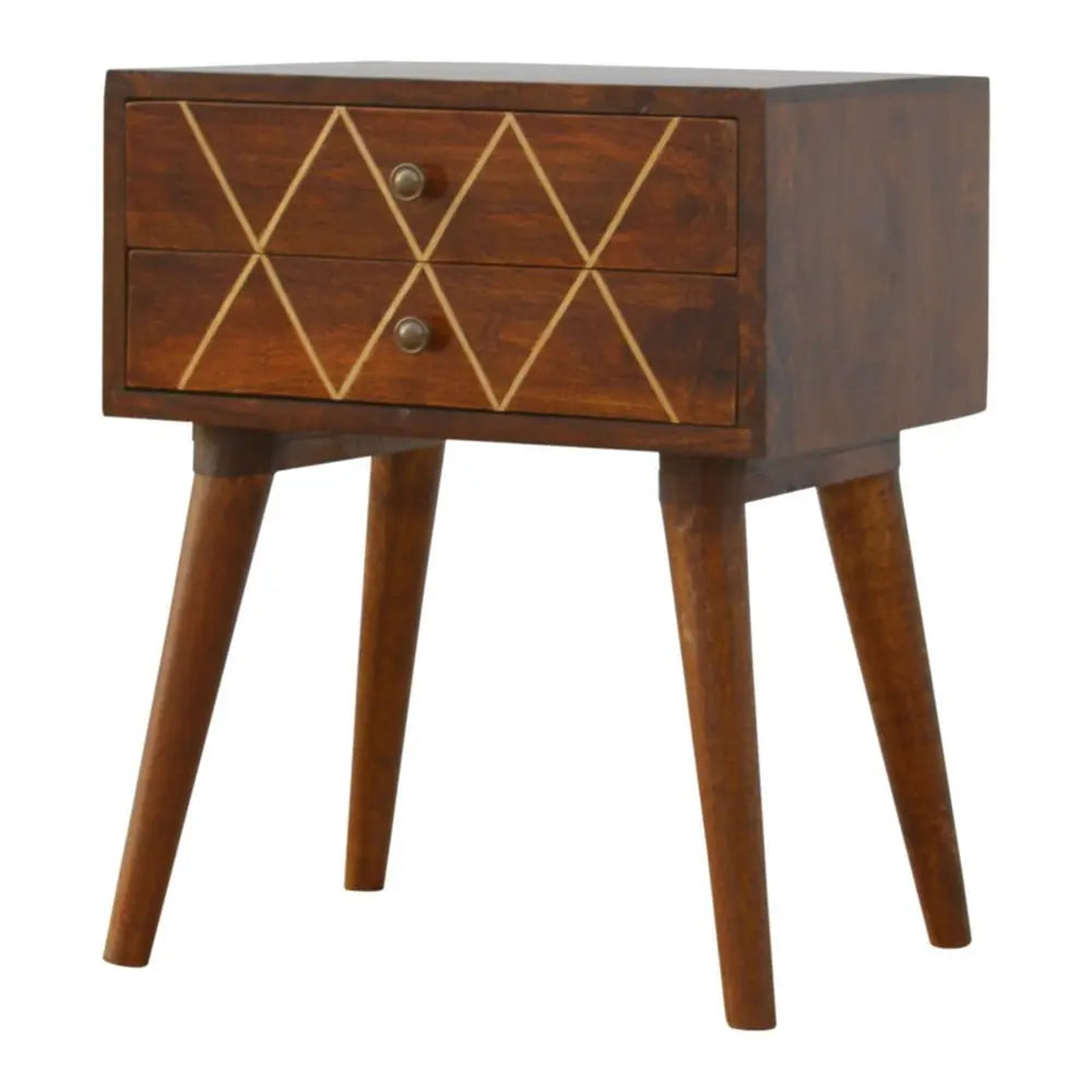 22" Chestnut Solid Wood Geometric Brass Inlay Two Drawer Nightstand - NOBLE HOME INTERIORS