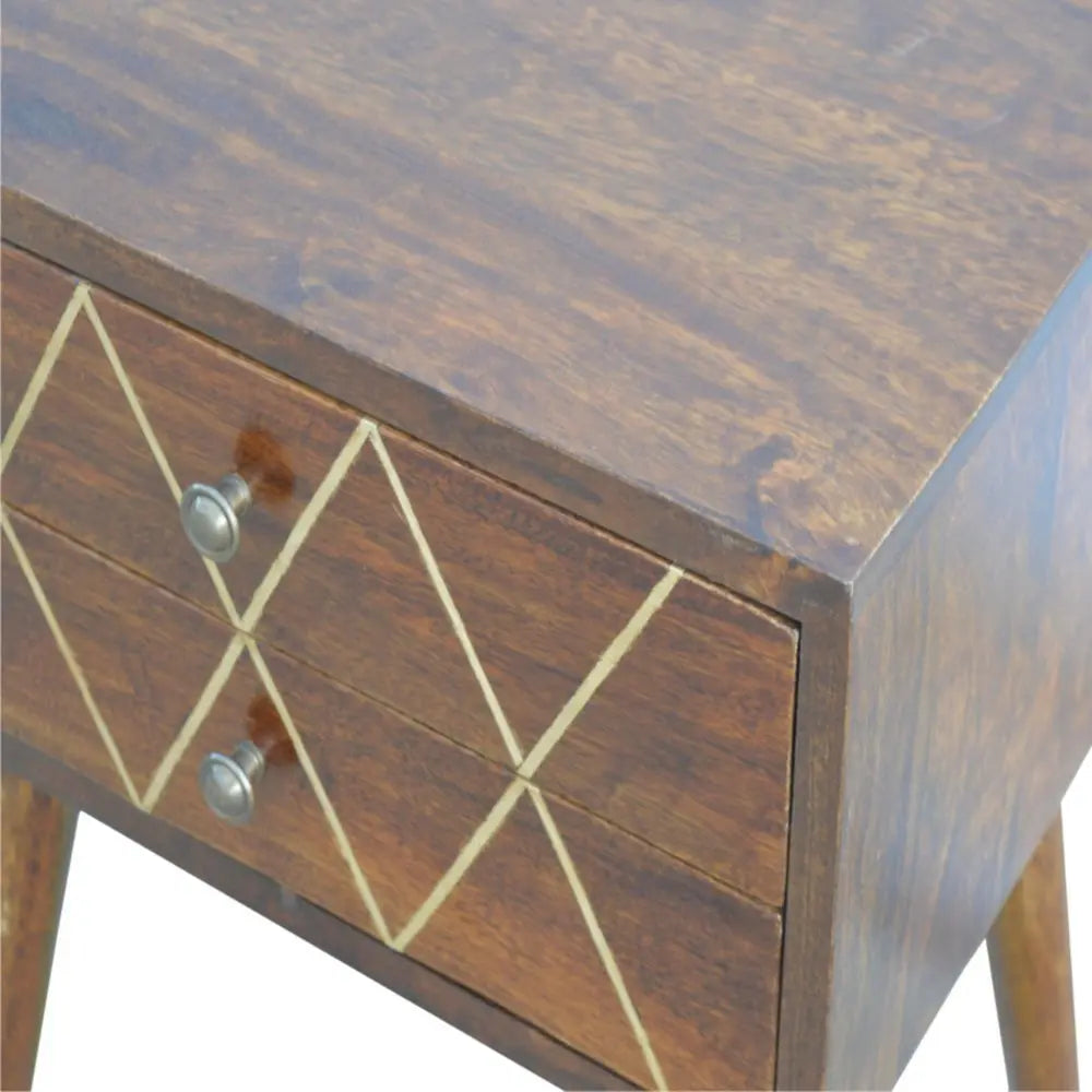 22" Chestnut Solid Wood Geometric Brass Inlay Two Drawer Nightstand - NOBLE HOME INTERIORS