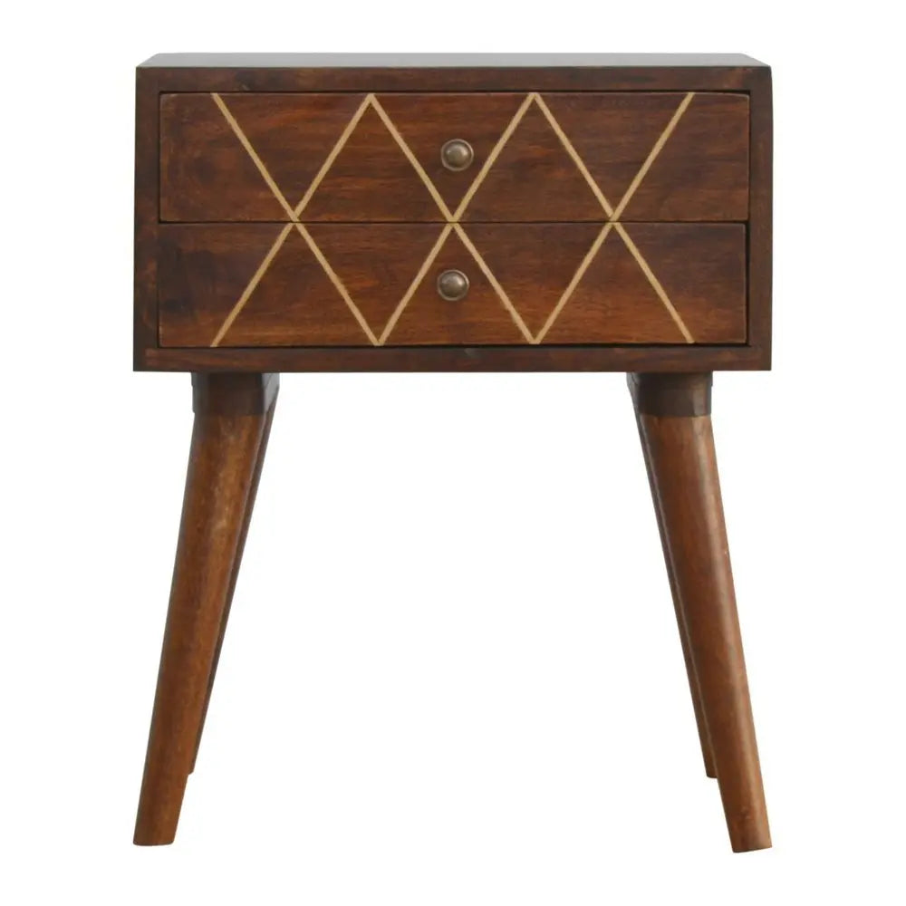 22" Chestnut Solid Wood Geometric Brass Inlay Two Drawer Nightstand - NOBLE HOME INTERIORS