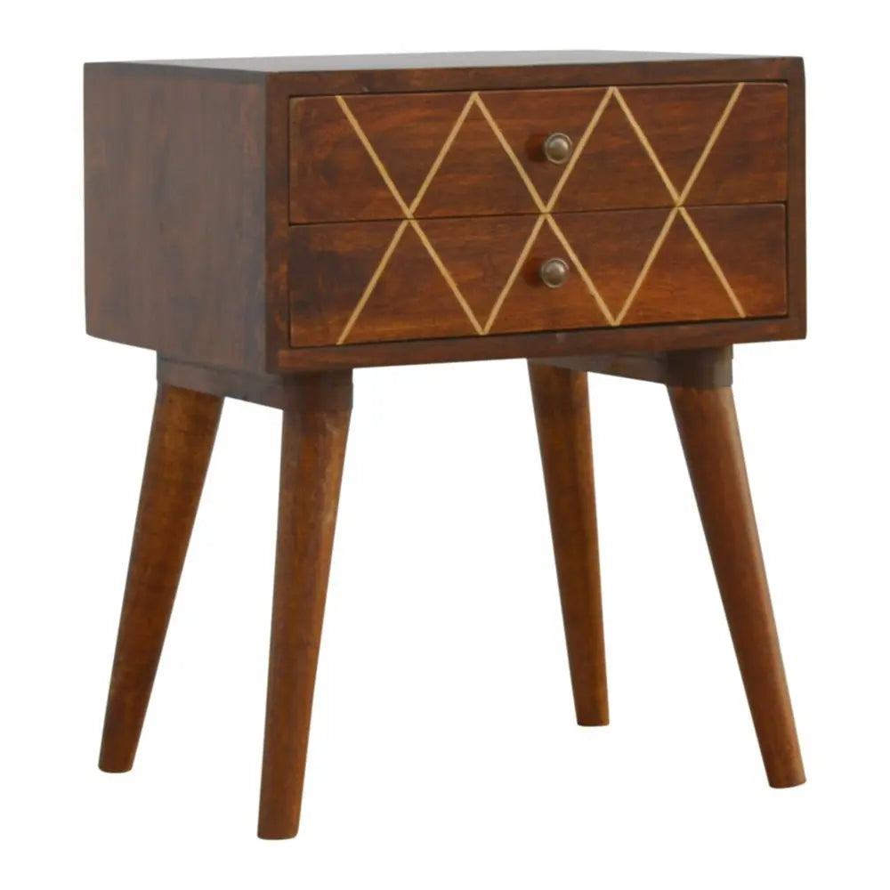 22" Chestnut Solid Wood Geometric Brass Inlay Two Drawer Nightstand - NOBLE HOME INTERIORS