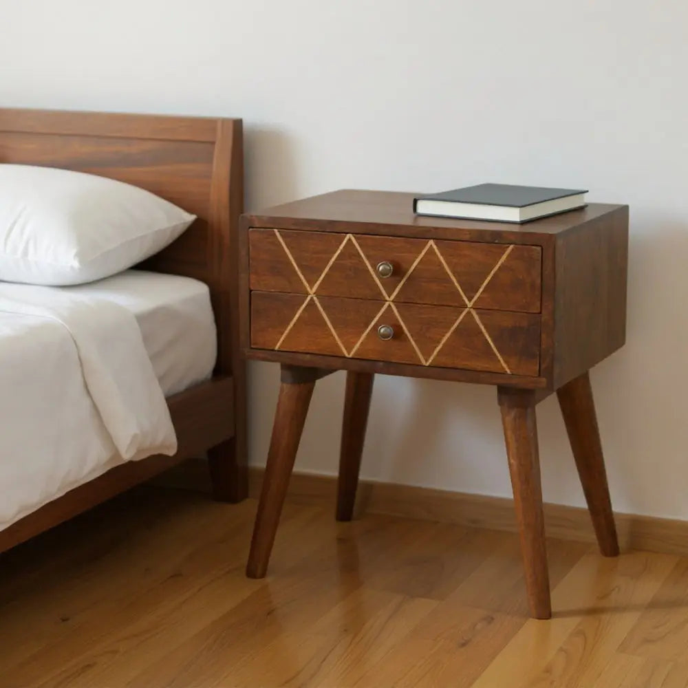 22" Chestnut Solid Wood Geometric Brass Inlay Two Drawer Nightstand - NOBLE HOME INTERIORS
