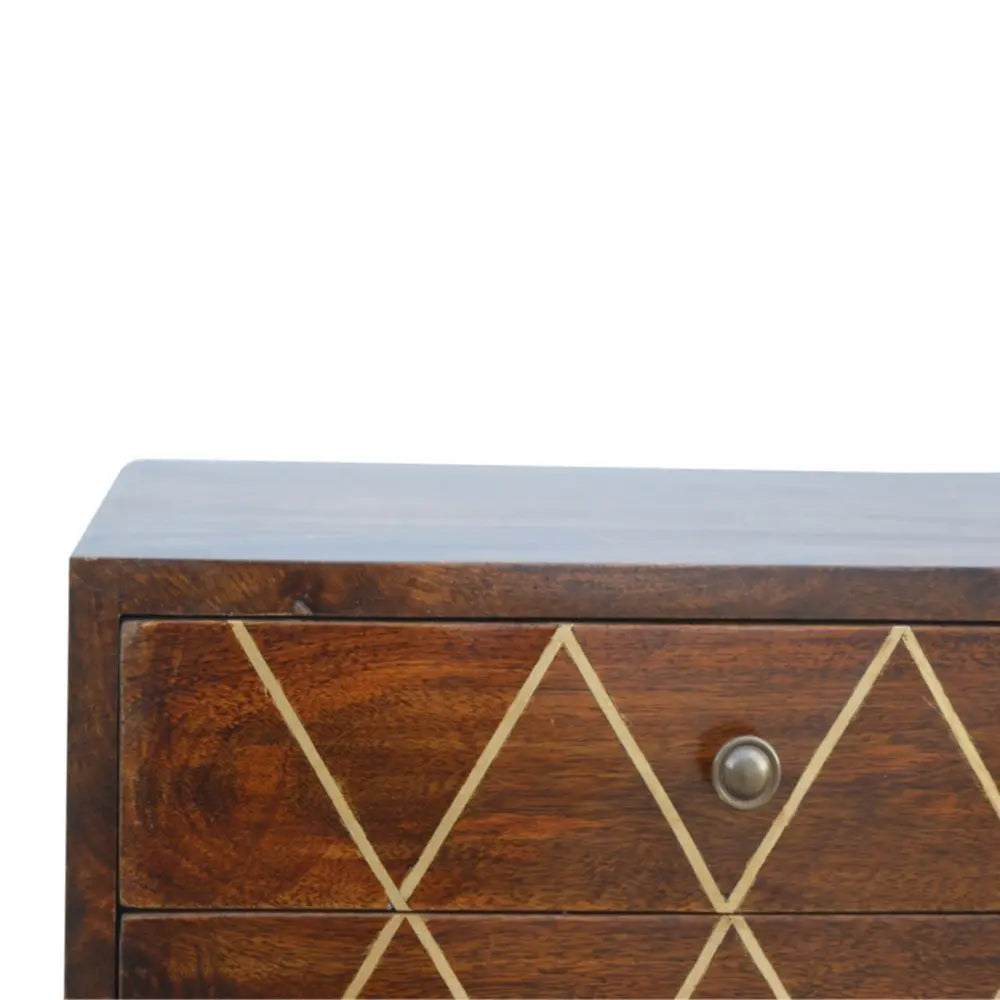 22" Chestnut Solid Wood Geometric Brass Inlay Two Drawer Nightstand - NOBLE HOME INTERIORS