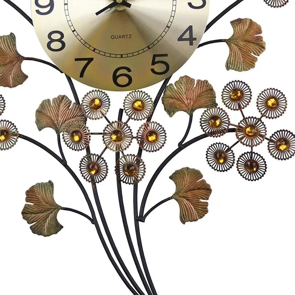 22" Copper Metal And Faux Crystal Silent Analog Gingko Floral Wall Clock - NOBLE HOME INTERIORS