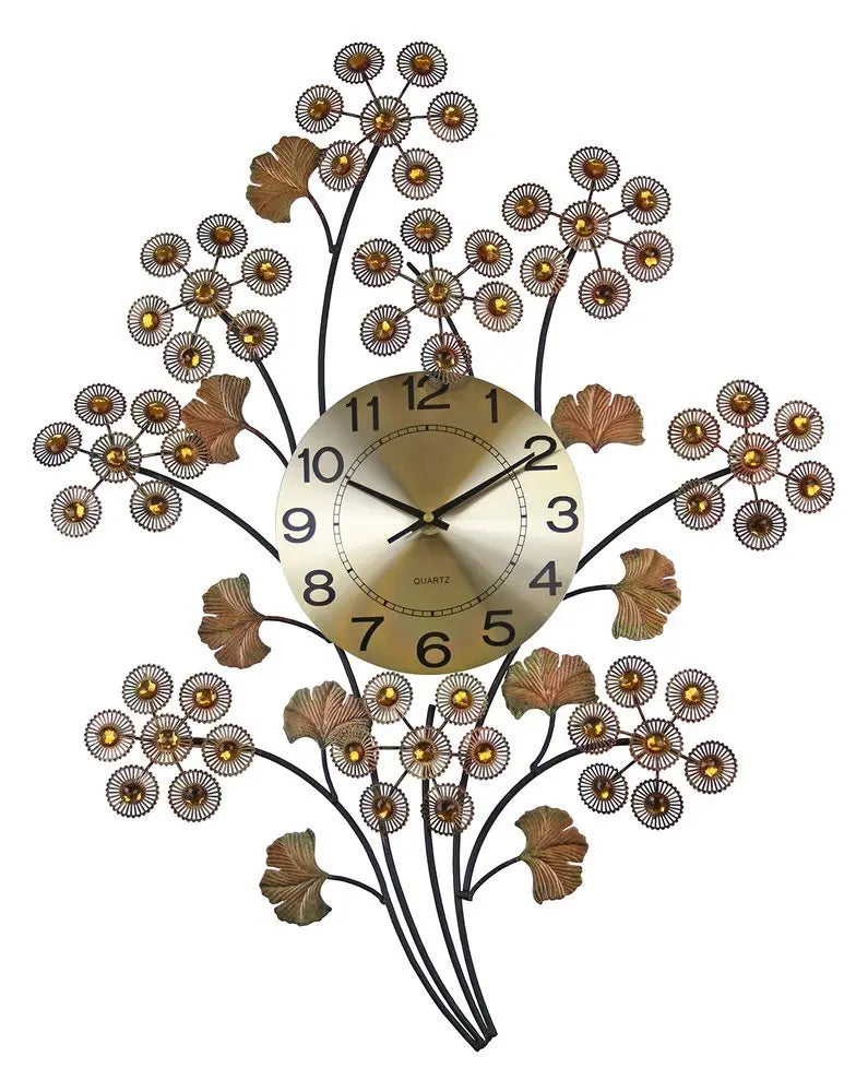 22" Copper Metal And Faux Crystal Silent Analog Gingko Floral Wall Clock - NOBLE HOME INTERIORS