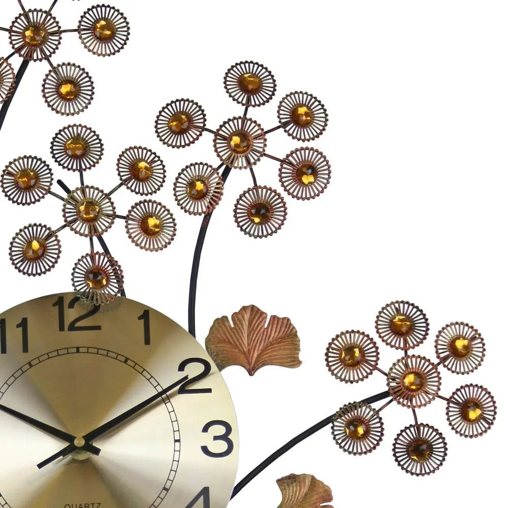 22" Copper Metal And Faux Crystal Silent Analog Gingko Floral Wall Clock - NOBLE HOME INTERIORS