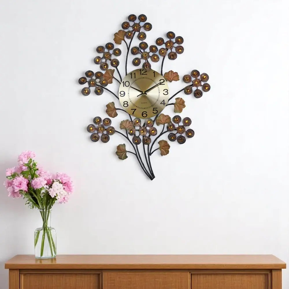 22" Copper Metal And Faux Crystal Silent Analog Gingko Floral Wall Clock - NOBLE HOME INTERIORS