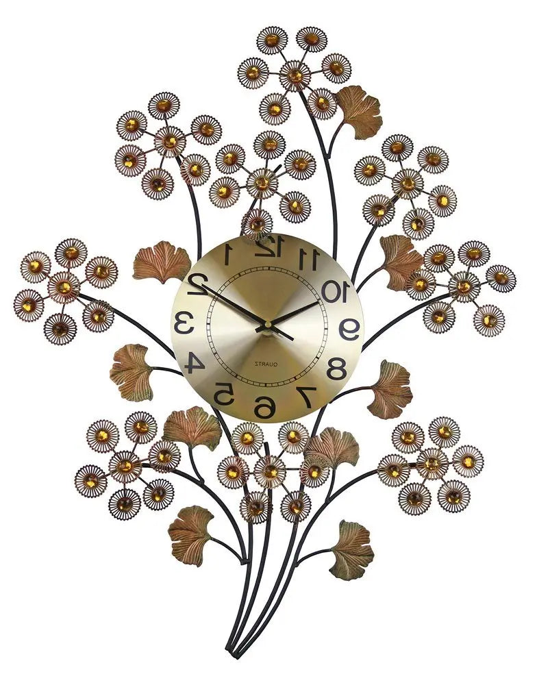 22" Copper Metal And Faux Crystal Silent Analog Gingko Floral Wall Clock - NOBLE HOME INTERIORS