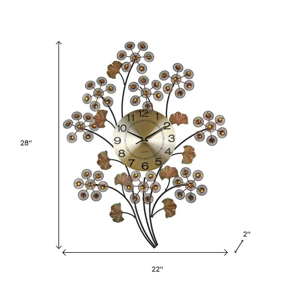 22" Copper Metal And Faux Crystal Silent Analog Gingko Floral Wall Clock - NOBLE HOME INTERIORS