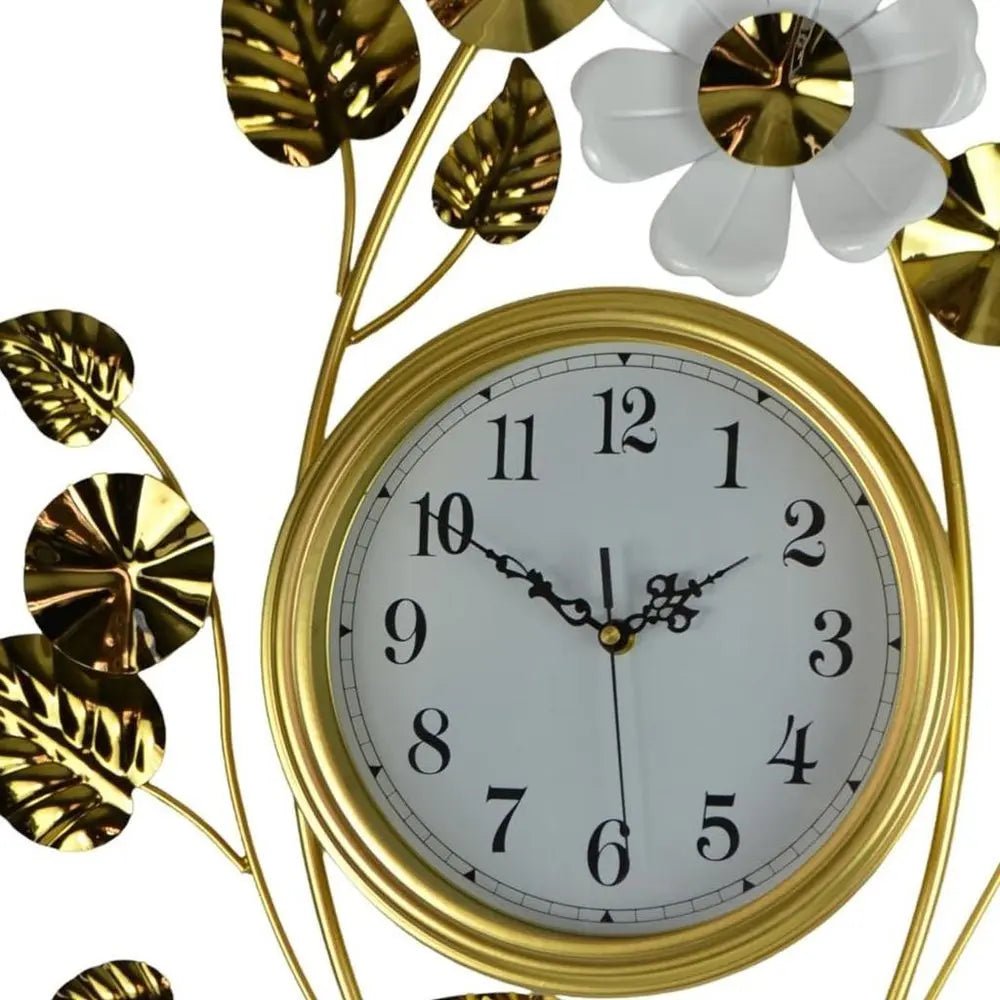 22" Gold And White Metal Silent Analog Floral Novelty Wall Clock HomeRoots