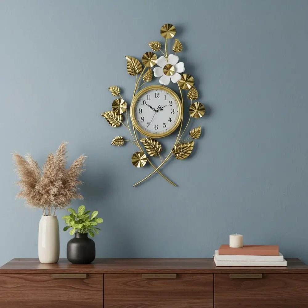 22" Gold And White Metal Silent Analog Floral Novelty Wall Clock HomeRoots