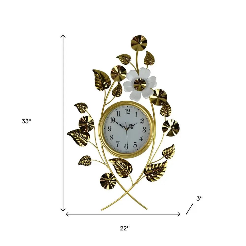 22" Gold And White Metal Silent Analog Floral Novelty Wall Clock HomeRoots