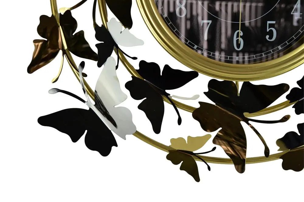 22" Gold Silver And Black Metal Silent Analog Butterfly Round Wall Clock HomeRoots