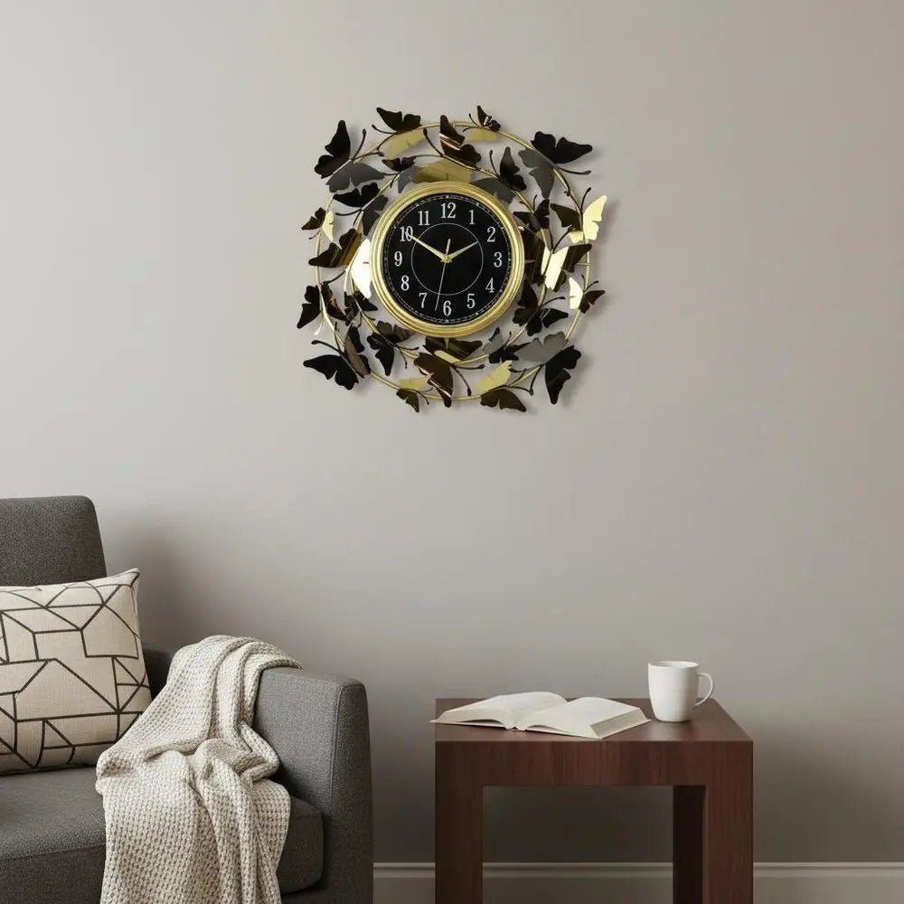 22" Gold Silver And Black Metal Silent Analog Butterfly Round Wall Clock HomeRoots