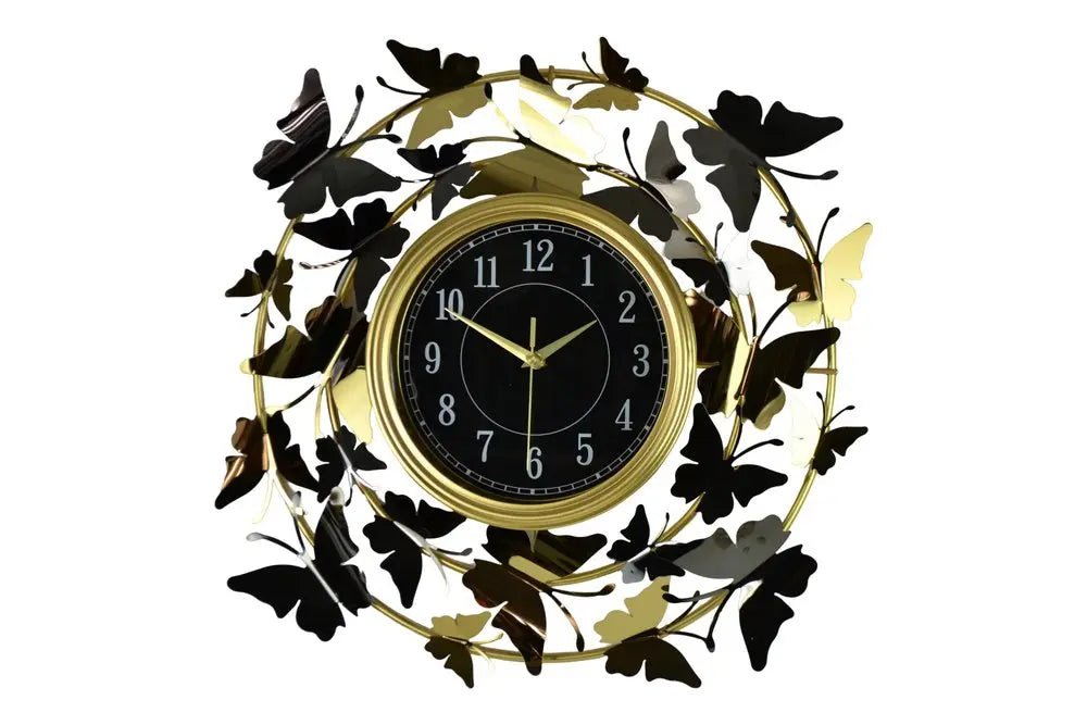 22" Gold Silver And Black Metal Silent Analog Butterfly Round Wall Clock HomeRoots