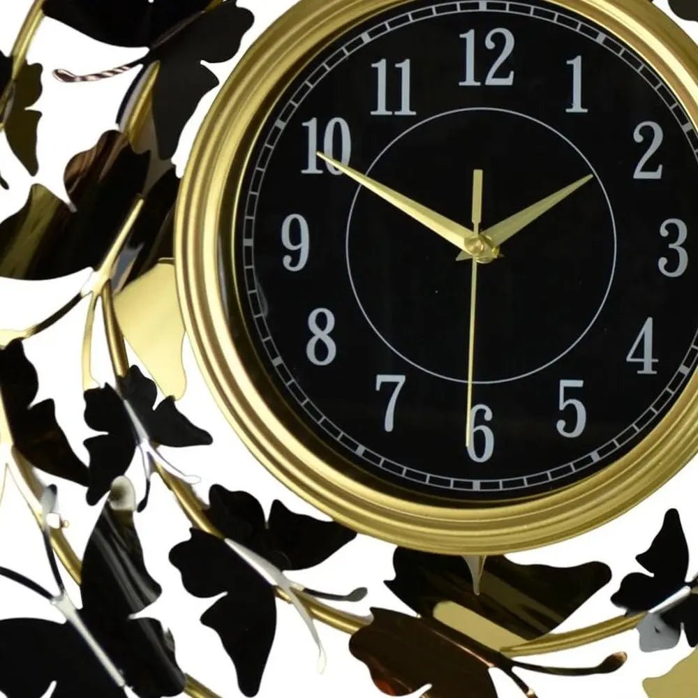 22" Gold Silver And Black Metal Silent Analog Butterfly Round Wall Clock HomeRoots