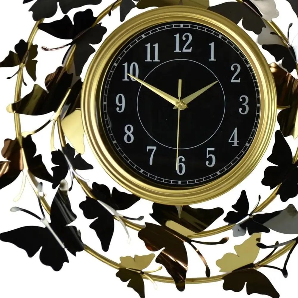 22" Gold Silver And Black Metal Silent Analog Butterfly Round Wall Clock HomeRoots