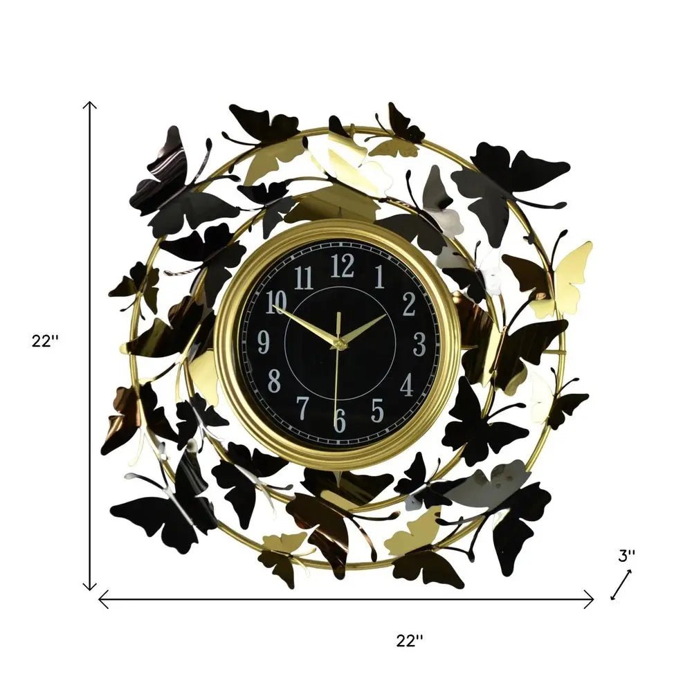 22" Gold Silver And Black Metal Silent Analog Butterfly Round Wall Clock HomeRoots