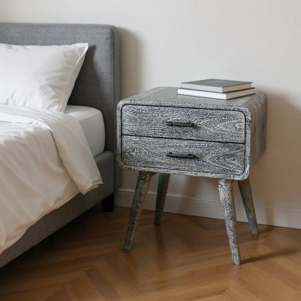 22" Gray Solid Wood Distressed Two Drawer Nightstand - NOBLE HOME INTERIORS