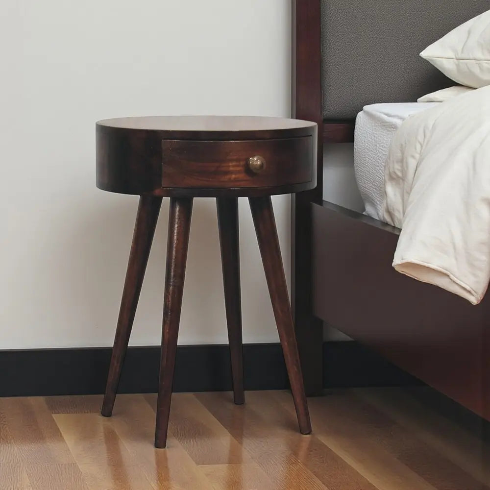 22" Walnut Solid Wood Round One Drawer Nightstand - NOBLE HOME INTERIORS