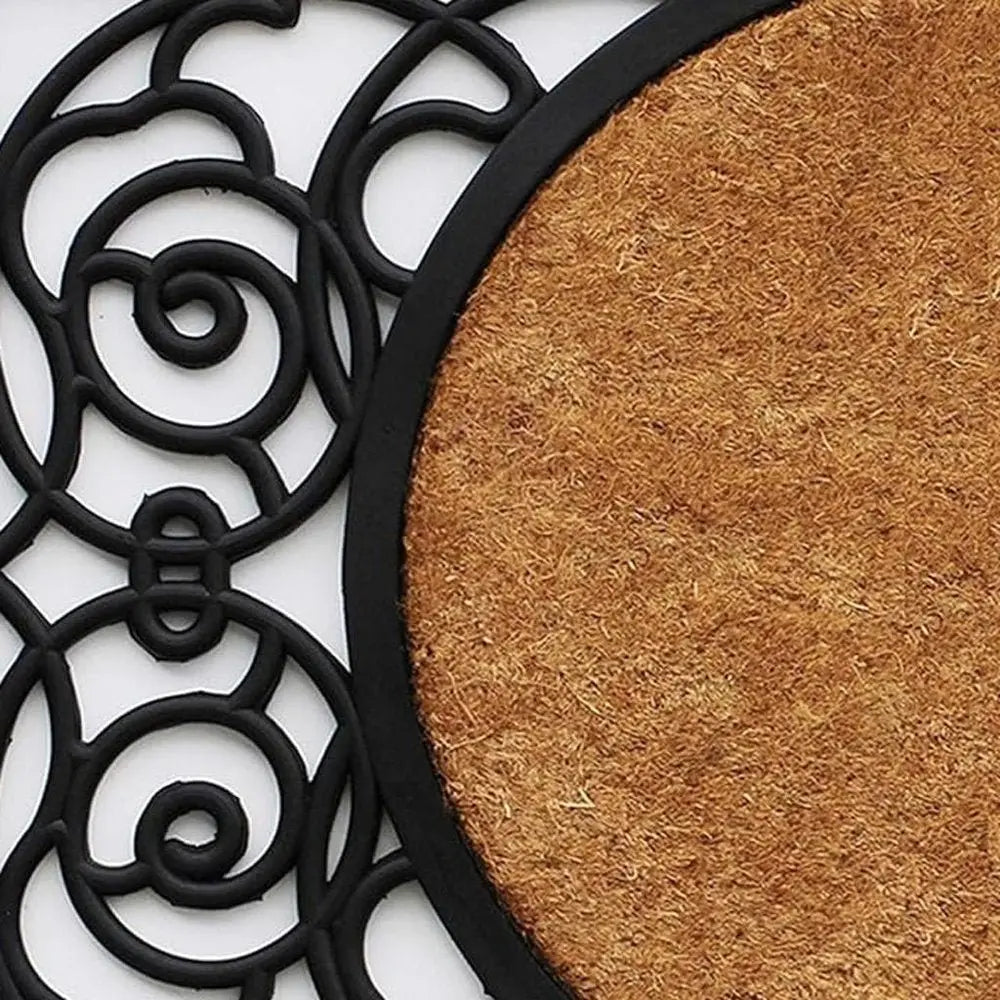 22" X 36" Black And Natural Geo Scrollwork Outdoor Rubber And Coir Door Mat - NOBLE HOME INTERIORS