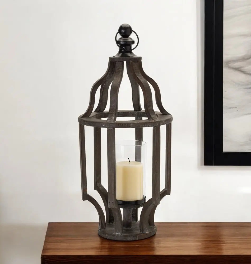 23" Black Geometric Wood And Glass Tabletop Lantern Candle Holder - NOBLE HOME INTERIORS