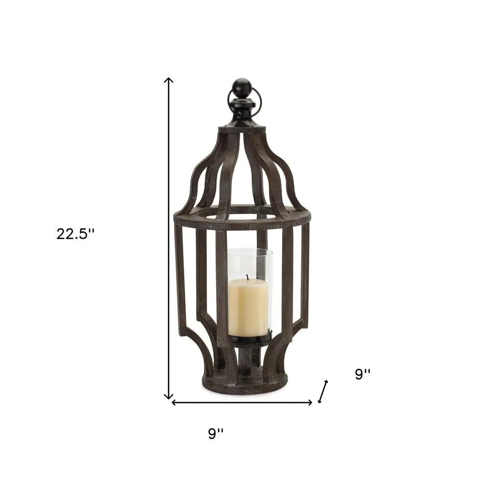 23" Black Geometric Wood And Glass Tabletop Lantern Candle Holder - NOBLE HOME INTERIORS