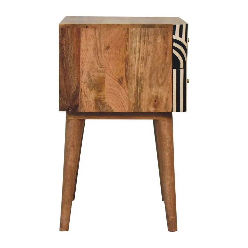 23" Black Ivory And Light Brown Solid Wood Geometric Bone Inlay Two Drawer Nightstand - NOBLE HOME INTERIORS