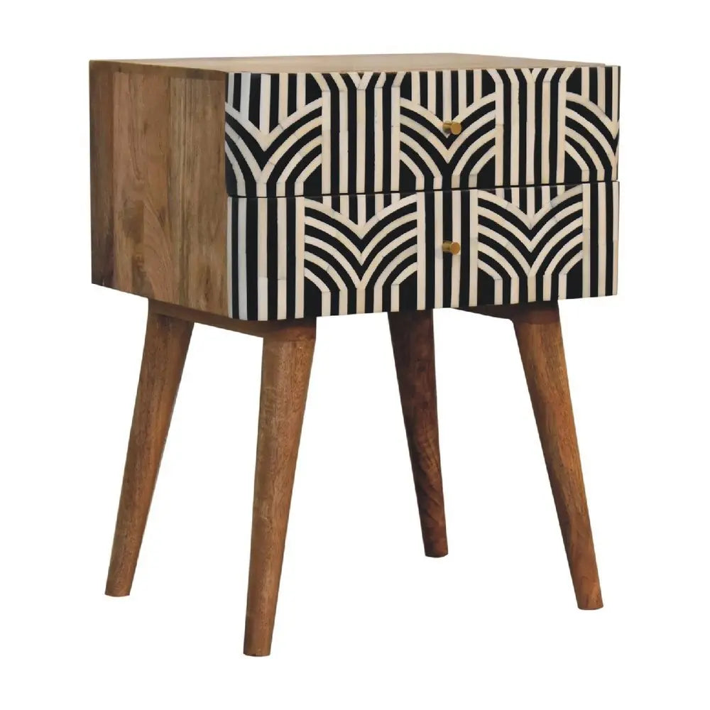 23" Black Ivory And Light Brown Solid Wood Geometric Bone Inlay Two Drawer Nightstand - NOBLE HOME INTERIORS