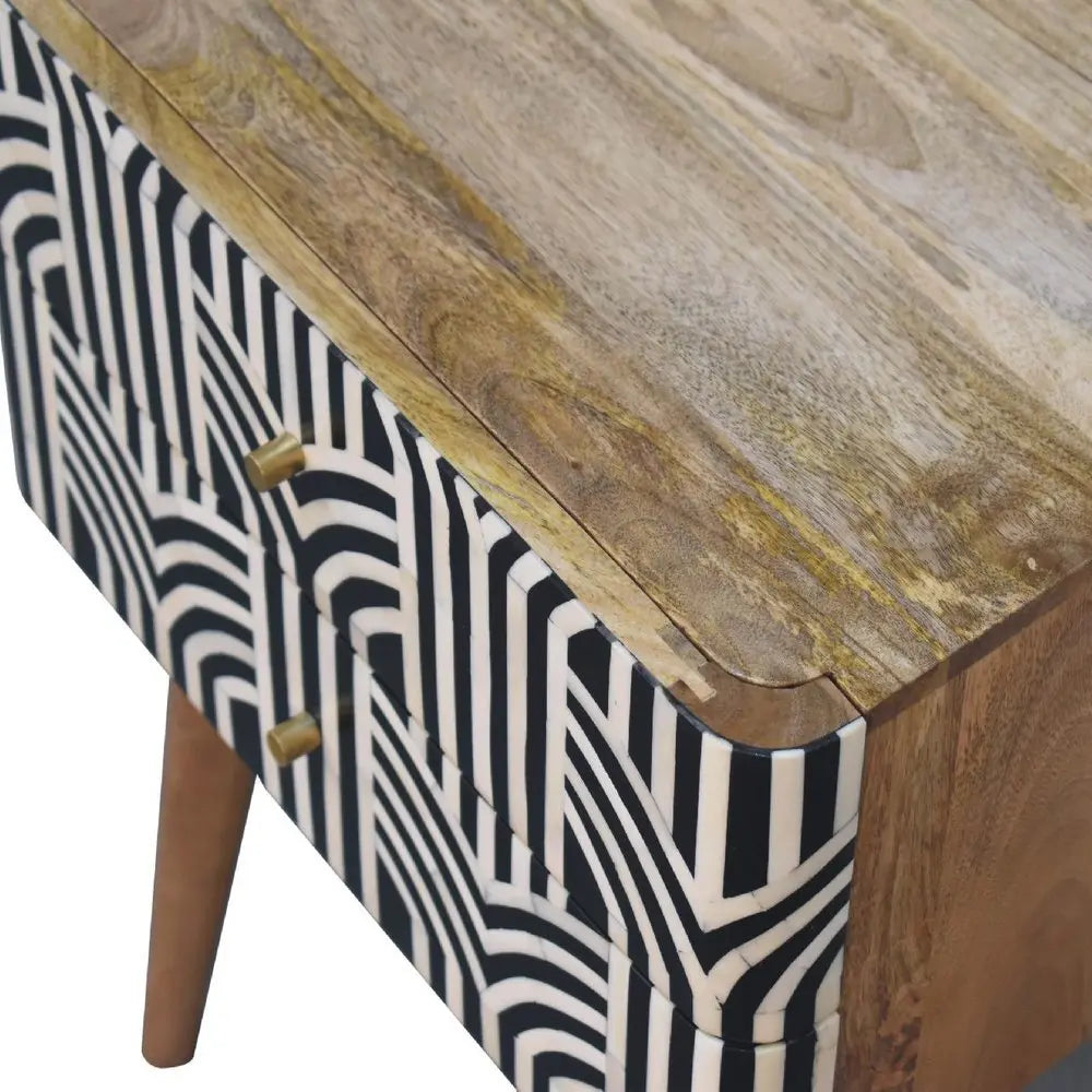 23" Black Ivory And Light Brown Solid Wood Geometric Bone Inlay Two Drawer Nightstand - NOBLE HOME INTERIORS