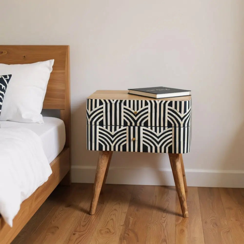 23" Black Ivory And Light Brown Solid Wood Geometric Bone Inlay Two Drawer Nightstand - NOBLE HOME INTERIORS