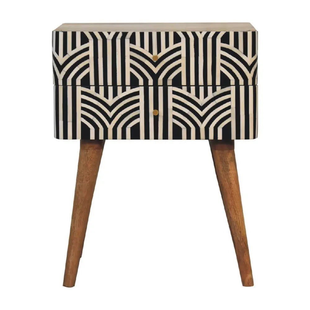 23" Black Ivory And Light Brown Solid Wood Geometric Bone Inlay Two Drawer Nightstand - NOBLE HOME INTERIORS