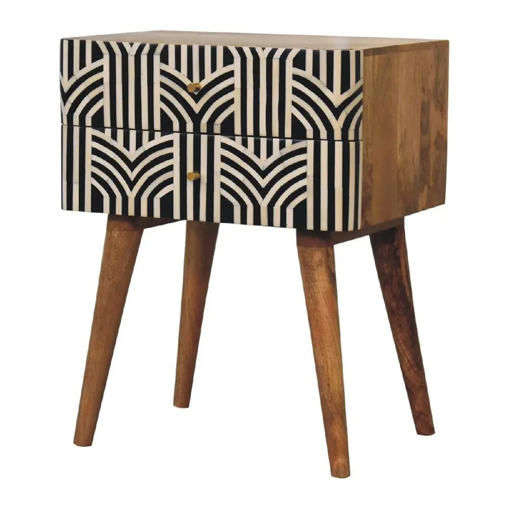 23" Black Ivory And Light Brown Solid Wood Geometric Bone Inlay Two Drawer Nightstand - NOBLE HOME INTERIORS