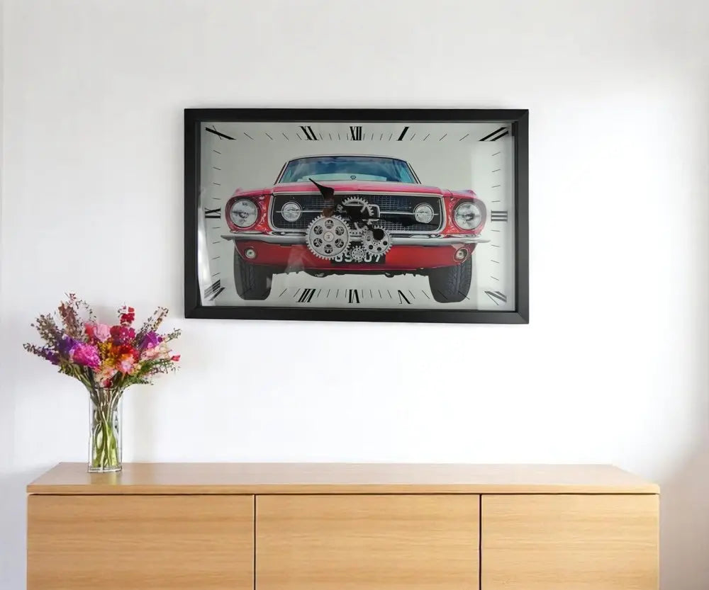 23" Black Red And Silver Metal Silent Analog Exposed Gear Wall Clock - NOBLE HOME INTERIORS