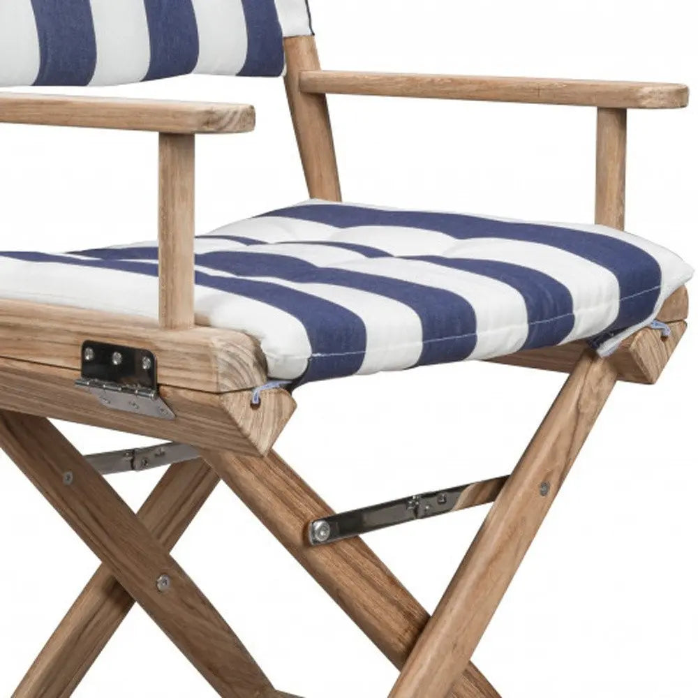 23" Blue and White and Natural Wood Solid Wood Indoor Outdoor Director Chair with Blue and White Cushion - NOBLE HOME INTERIORS